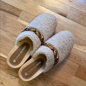 Tory Burch Cream Shearling Clogs with Gold Accent